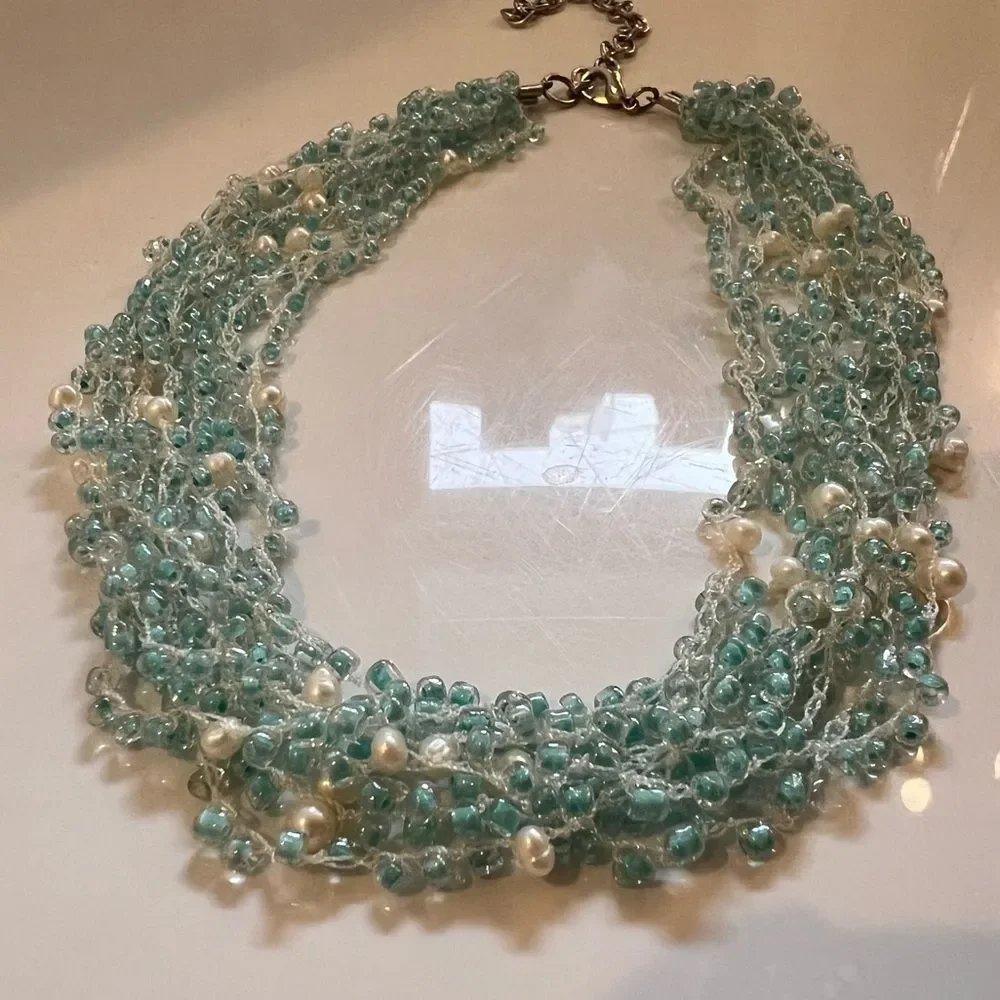 Vintage‎ Aqua Glass & Pearl Multi-Strand Necklace Boho Beachy Layered